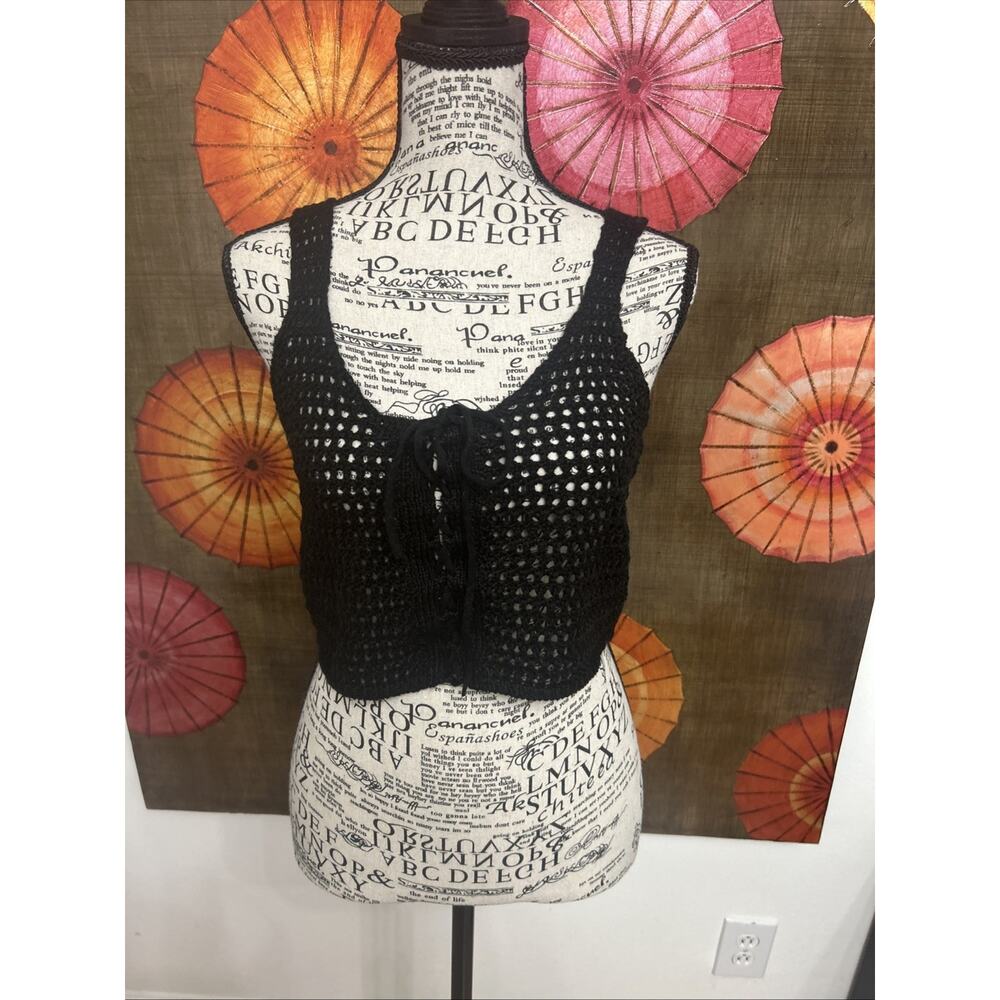 FCT With Love Top Black Knit Cropped Sheer Sleeveless Streetwear Grunge Glam Med